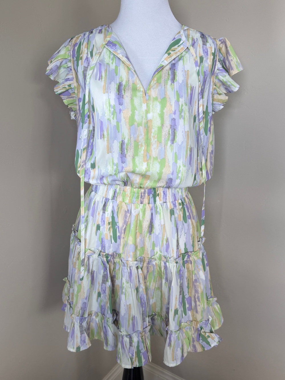 Pinch Pastel Brushstroke Ruffle Mini Dress - Green Lavender Cream